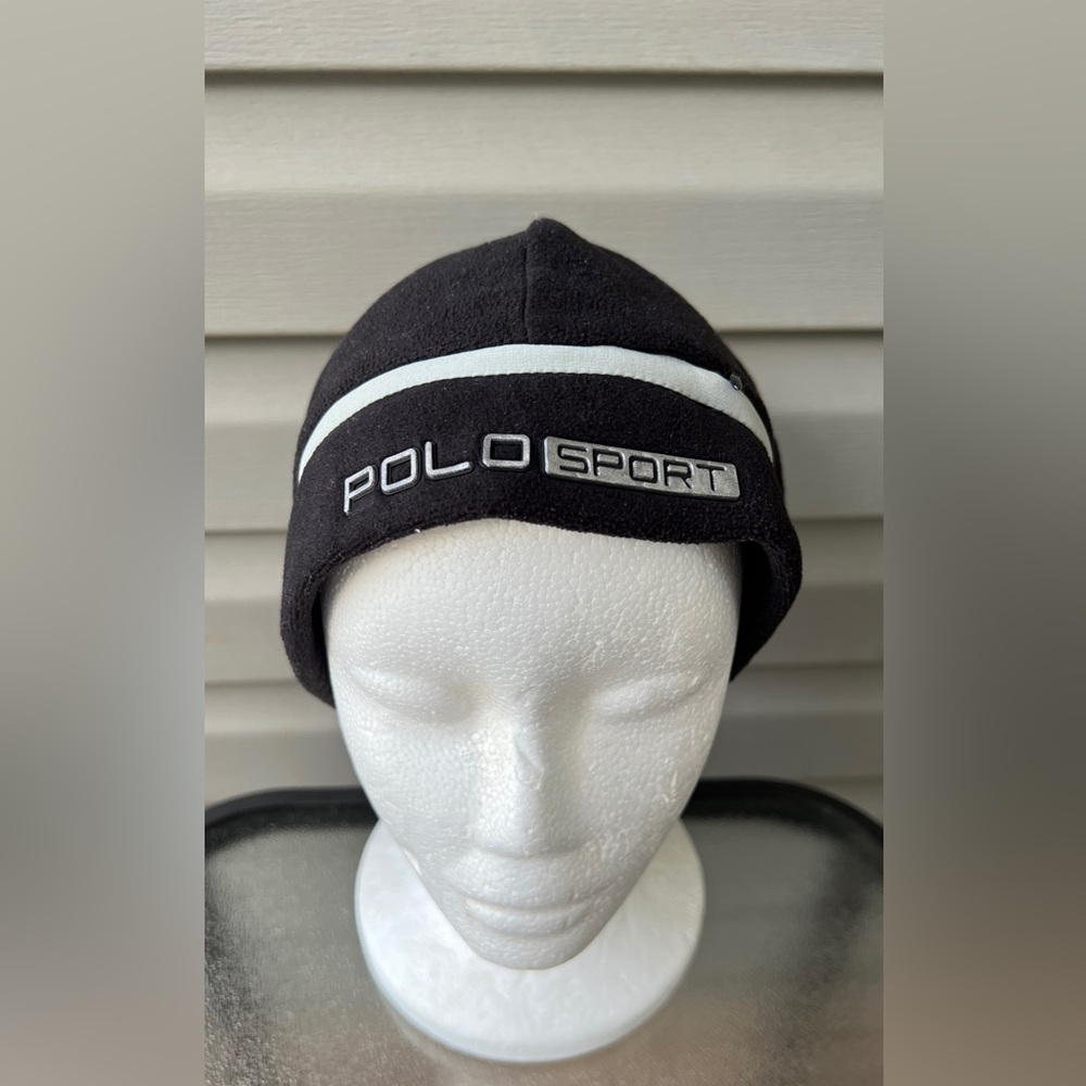 Ralph Lauren Black Beanie with White Stripe and Zipper Compartment - POLO SPORT